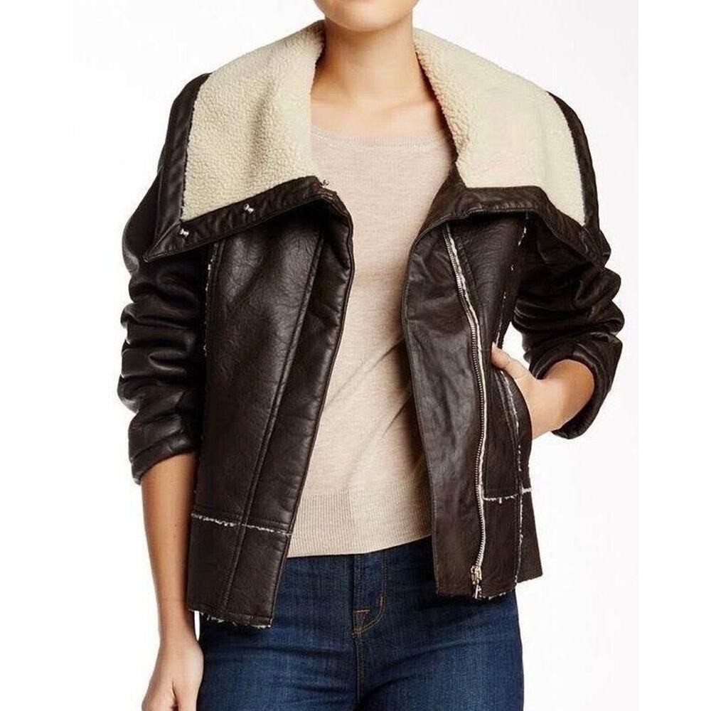 Sam Edelman Faux Sherling Leather Moto Cropped Jacket Cowl Neck Brown Small